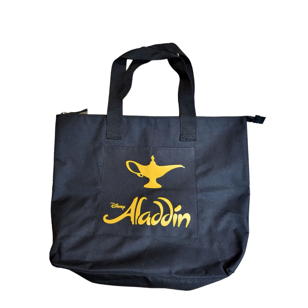 Disney Aladdin Black Canvas Tote Bag Gold Magic Lamp Graphic Zipper Top Shoulder
